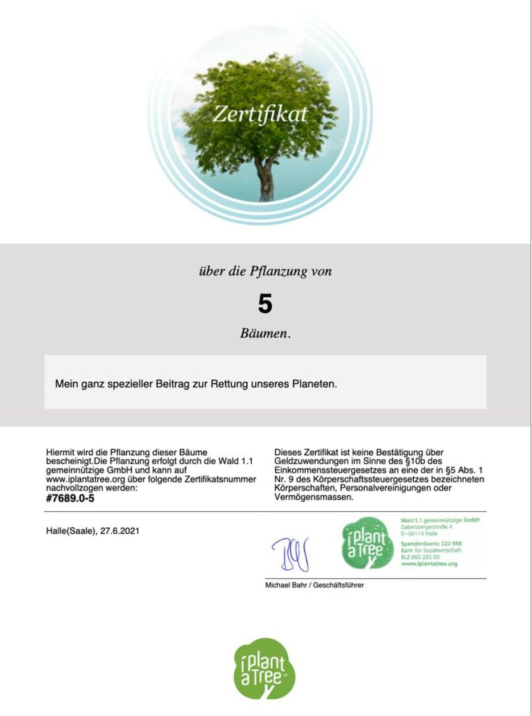 Baumspendenzertifikat von i plant a Tree